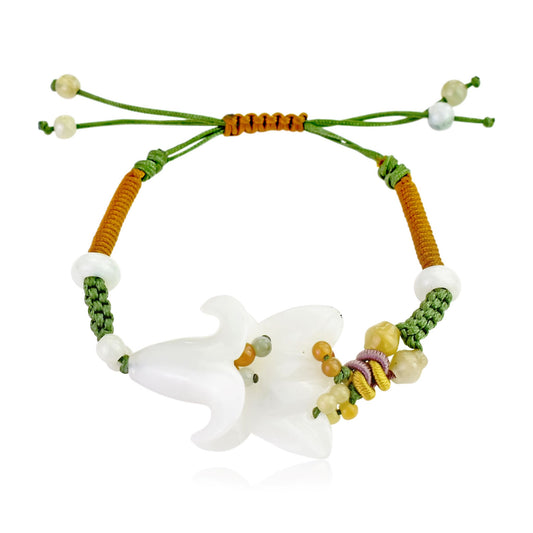 Stand Out with a Colorful Bellflower Handmade Jade Bracelet with Brown Cord