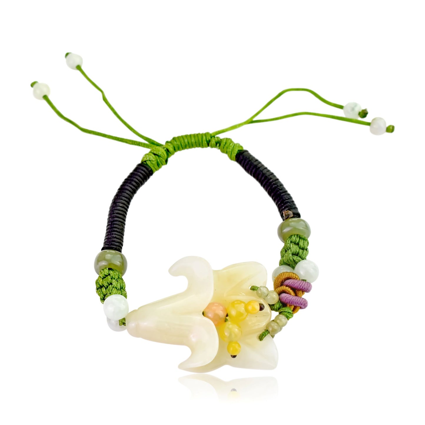 Stand Out with a Colorful Bellflower Handmade Jade Bracelet with Black Cord