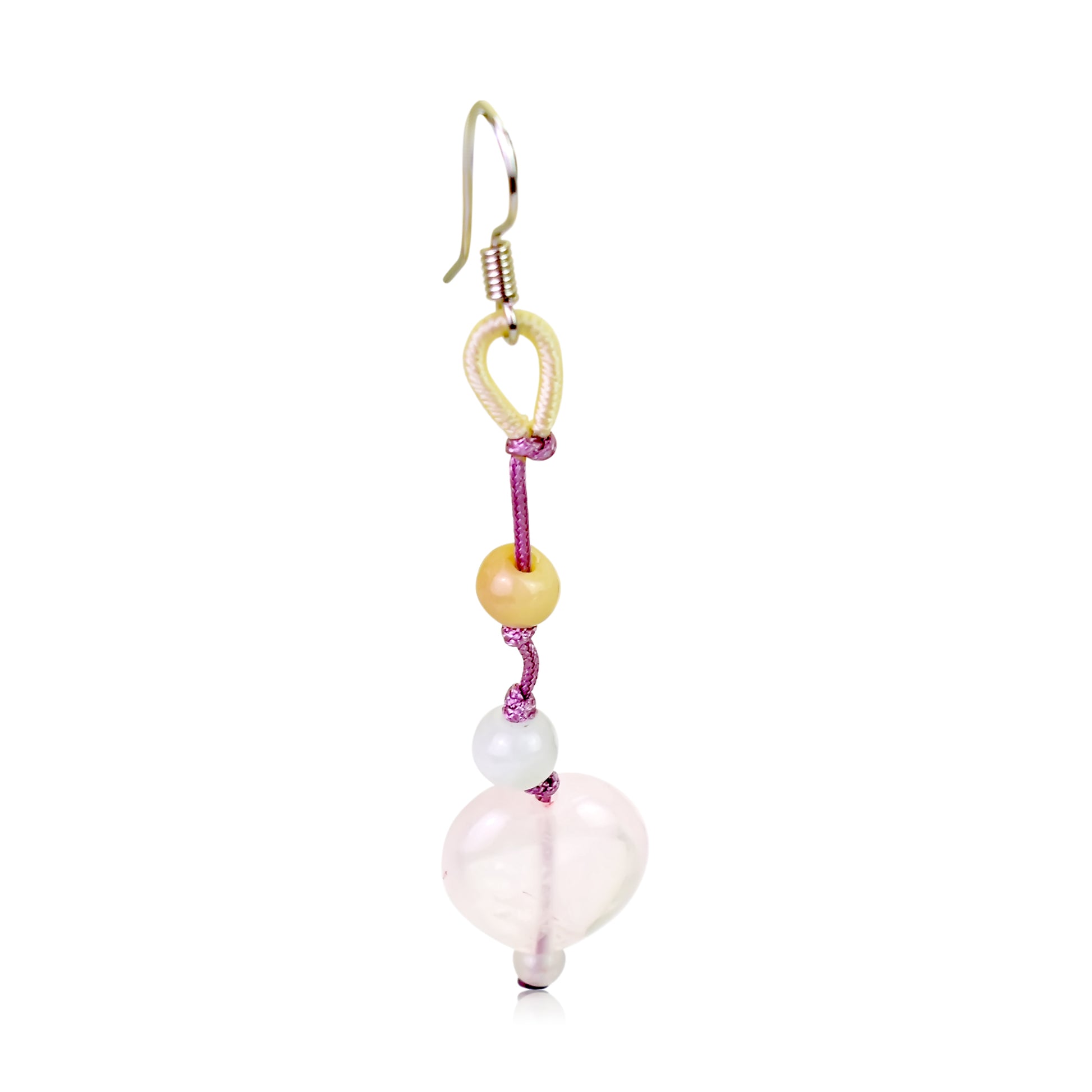 Get Ready to Shine with Rose Quartz Heart Earrings made with Lavender Cord