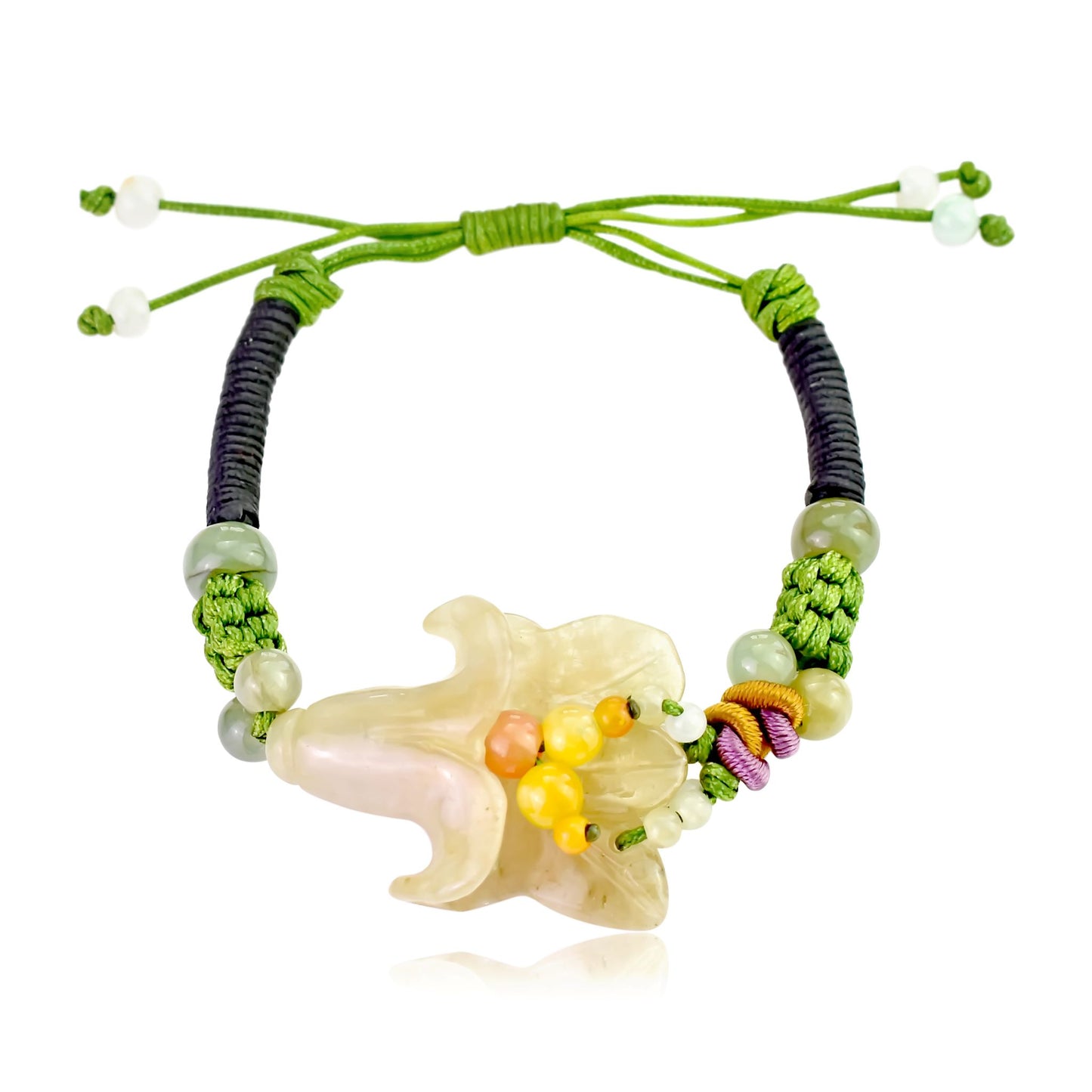 Stand Out with a Colorful Bellflower Handmade Jade Bracelet with Black Cord