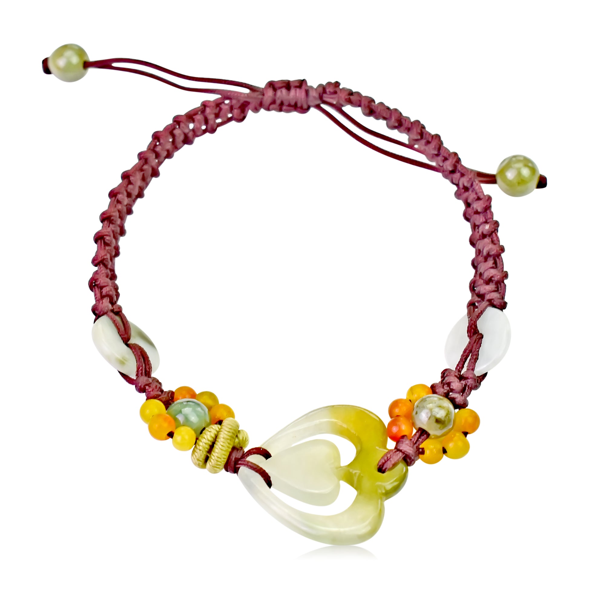 Get Ready for Love with the Heart Honey Jade Bracelet made with Brown Cord