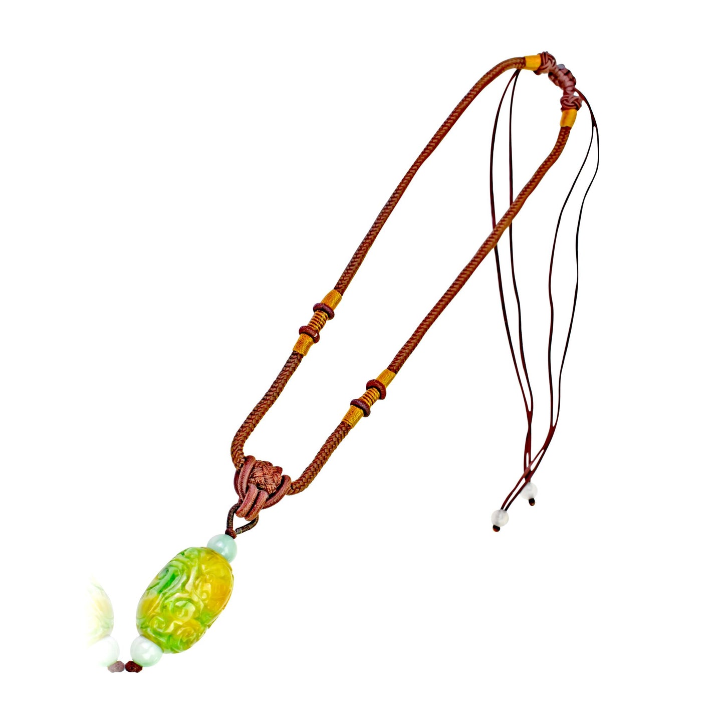 Add Opulence to Your Wardrobe with the Embroidery Jade Pendant Necklace made with Brown Cord