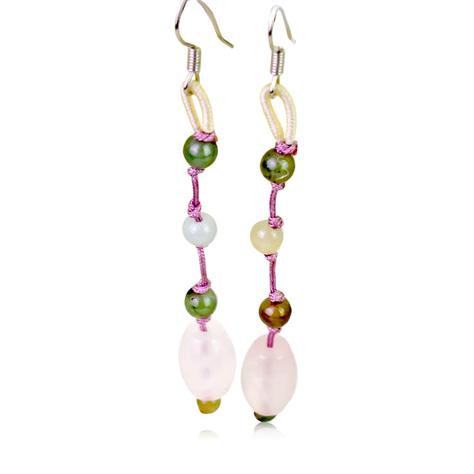 Add some Sparkle to Your Look with Cute Oblong Rose Quartz Earrings made with Lavender Cord