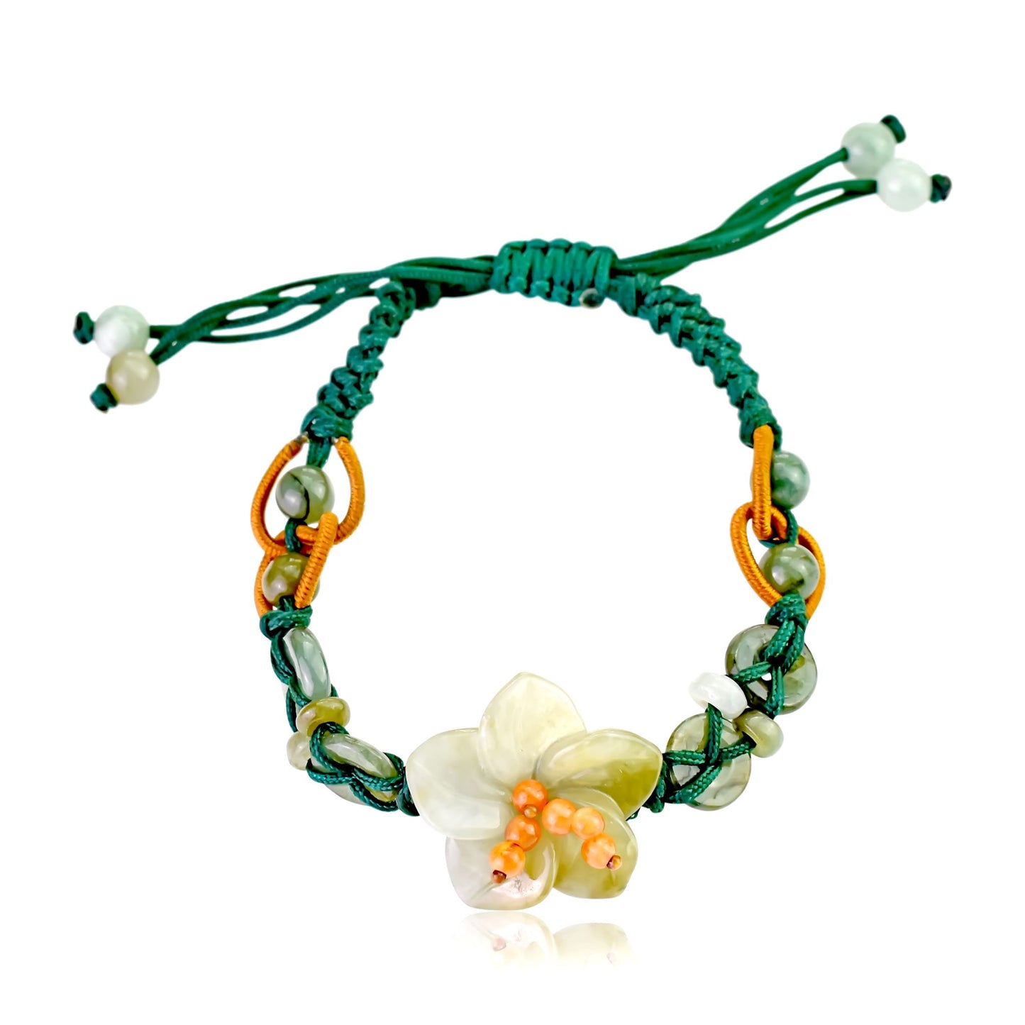 Add a Touch of Nature with this Charming Breath of Heaven Flower Jade Bracelet made with Green Cord