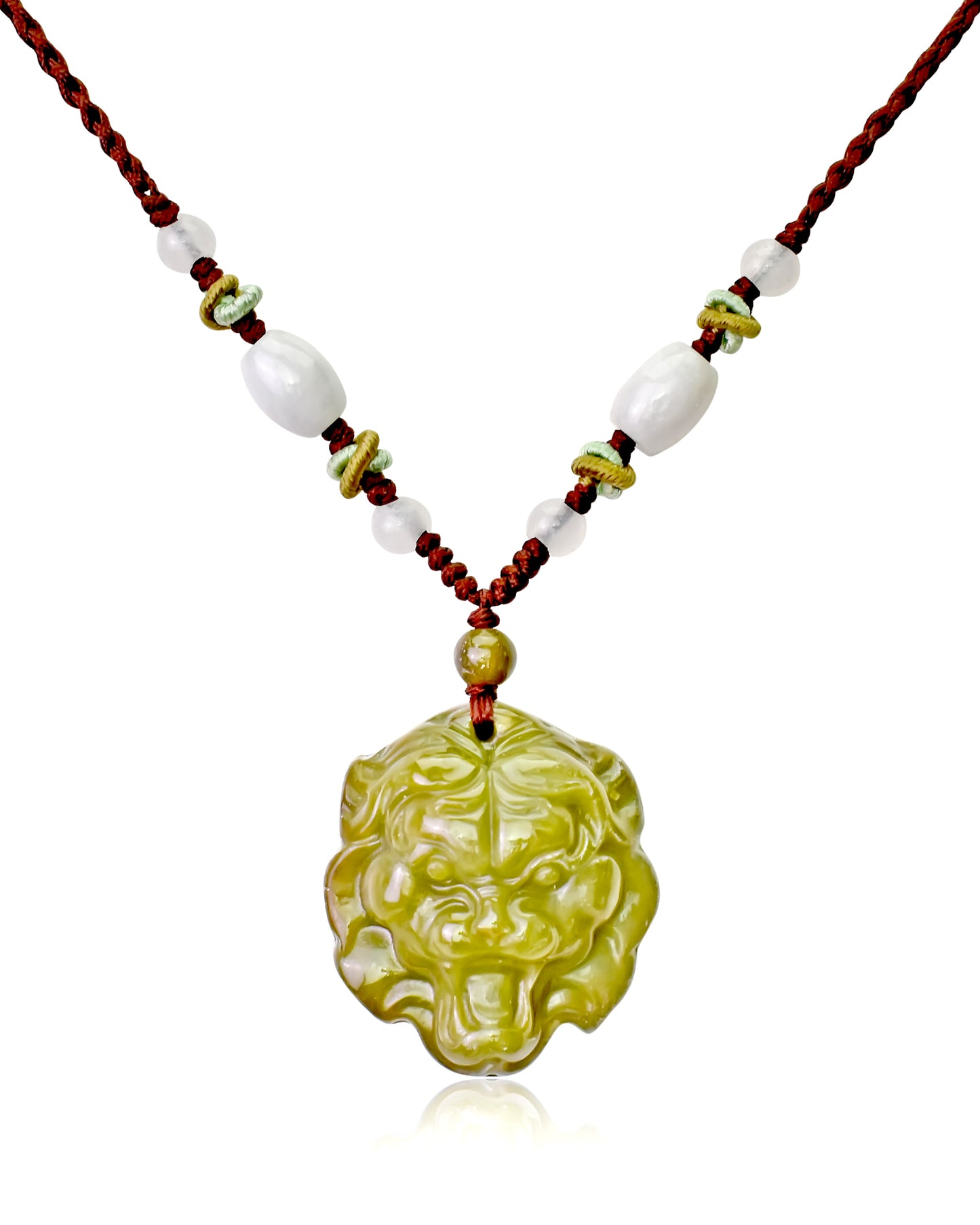 Make a Bold Statement with a Tiger Face Jade Necklace made with Brown Cord