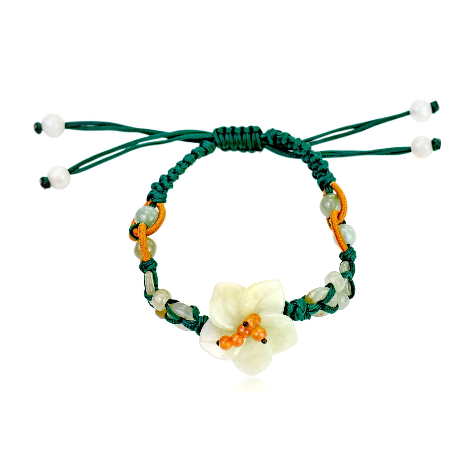 Add a Touch of Nature with this Charming Breath of Heaven Flower Jade Bracelet made with Green Cord