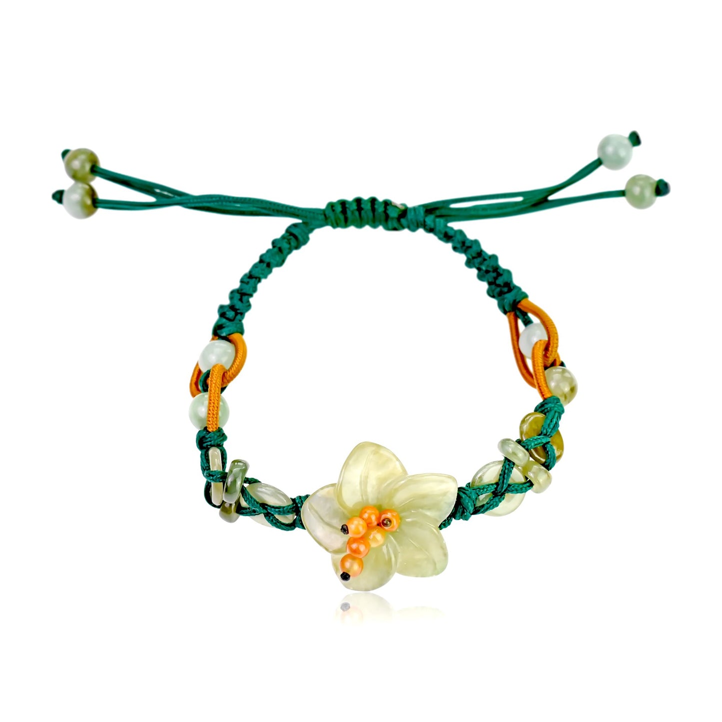 Add a Touch of Nature with this Charming Breath of Heaven Flower Jade Bracelet made with Green Cord