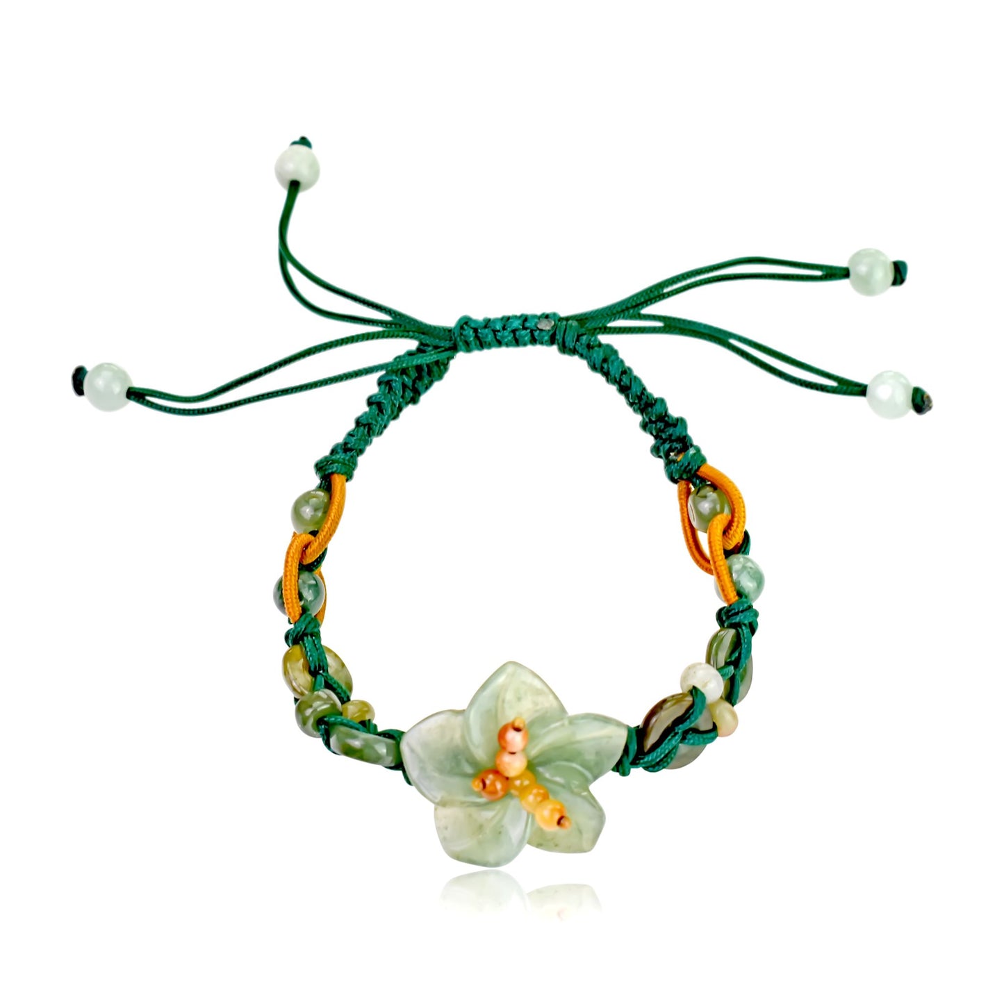 Add a Touch of Nature with this Charming Breath of Heaven Flower Jade Bracelet made with Green Cord