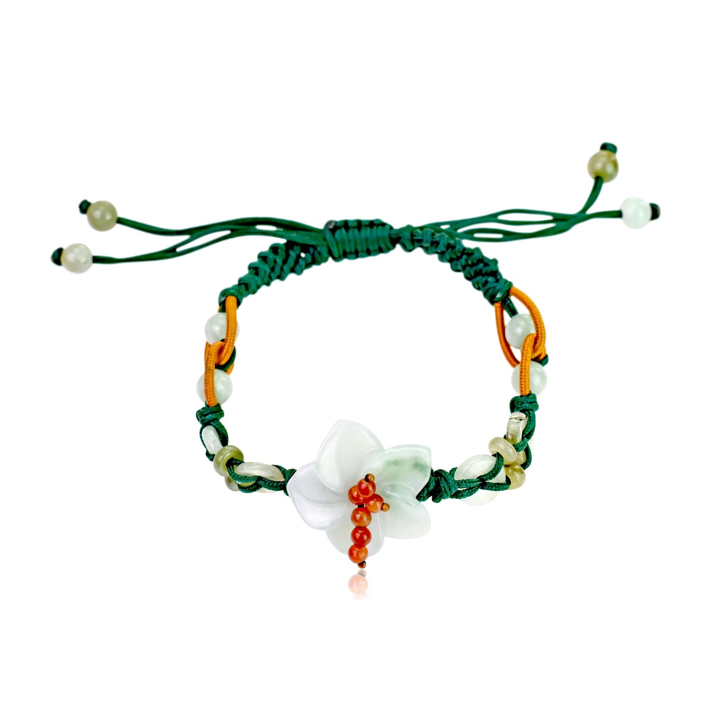 Add a Touch of Nature with this Charming Breath of Heaven Flower Jade Bracelet made with Green Cord