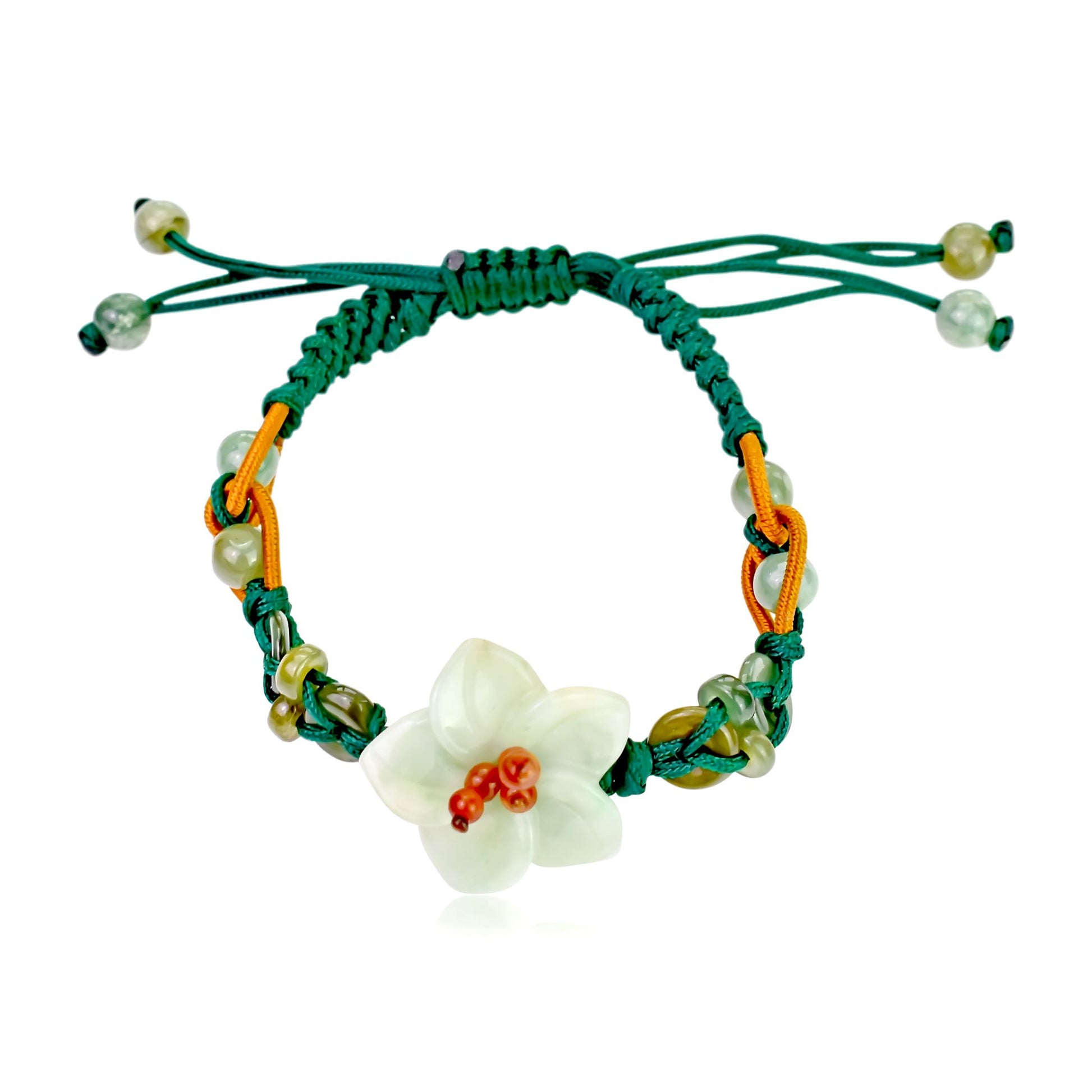 Add a Touch of Nature with this Charming Breath of Heaven Flower Jade Bracelet made with Green Cord