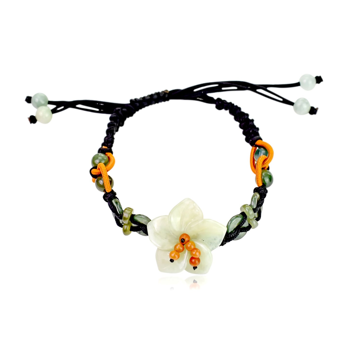 Add a Touch of Nature with this Charming Breath of Heaven Flower Jade Bracelet made with Black Cord