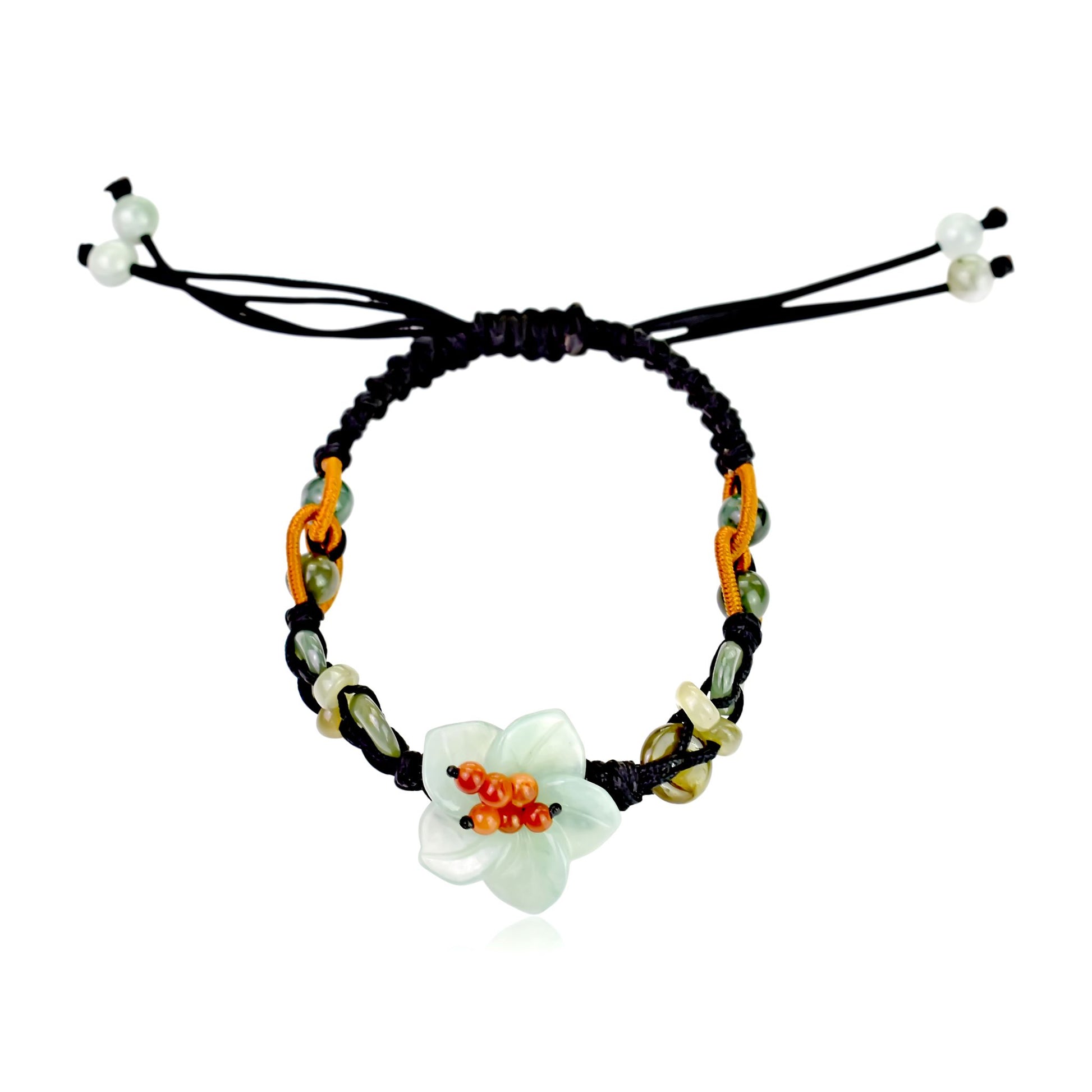 Add a Touch of Nature with this Charming Breath of Heaven Flower Jade Bracelet made with Black Cord