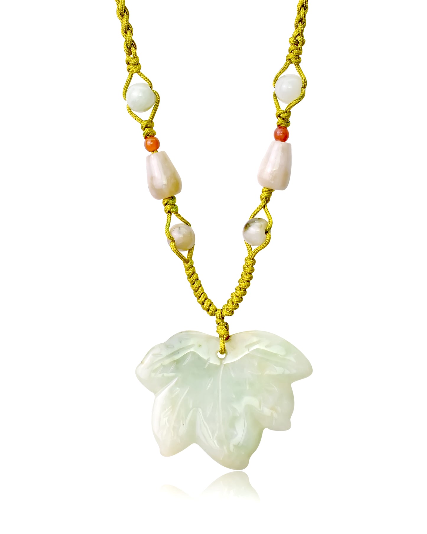 Earthy Maple Leaf Handmade Jade Necklace Pendant made with Lime Cord