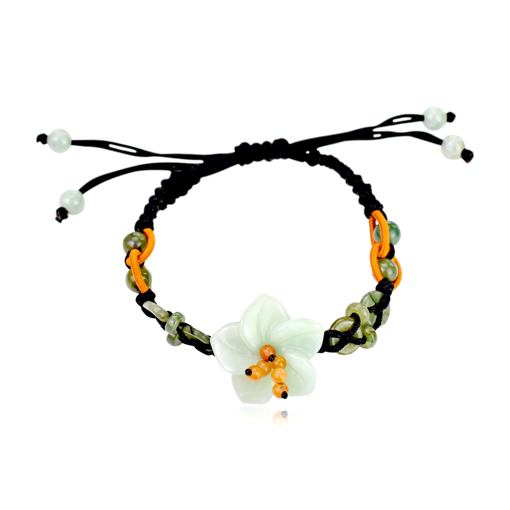 Add a Touch of Nature with this Charming Breath of Heaven Flower Jade Bracelet made with Black Cord