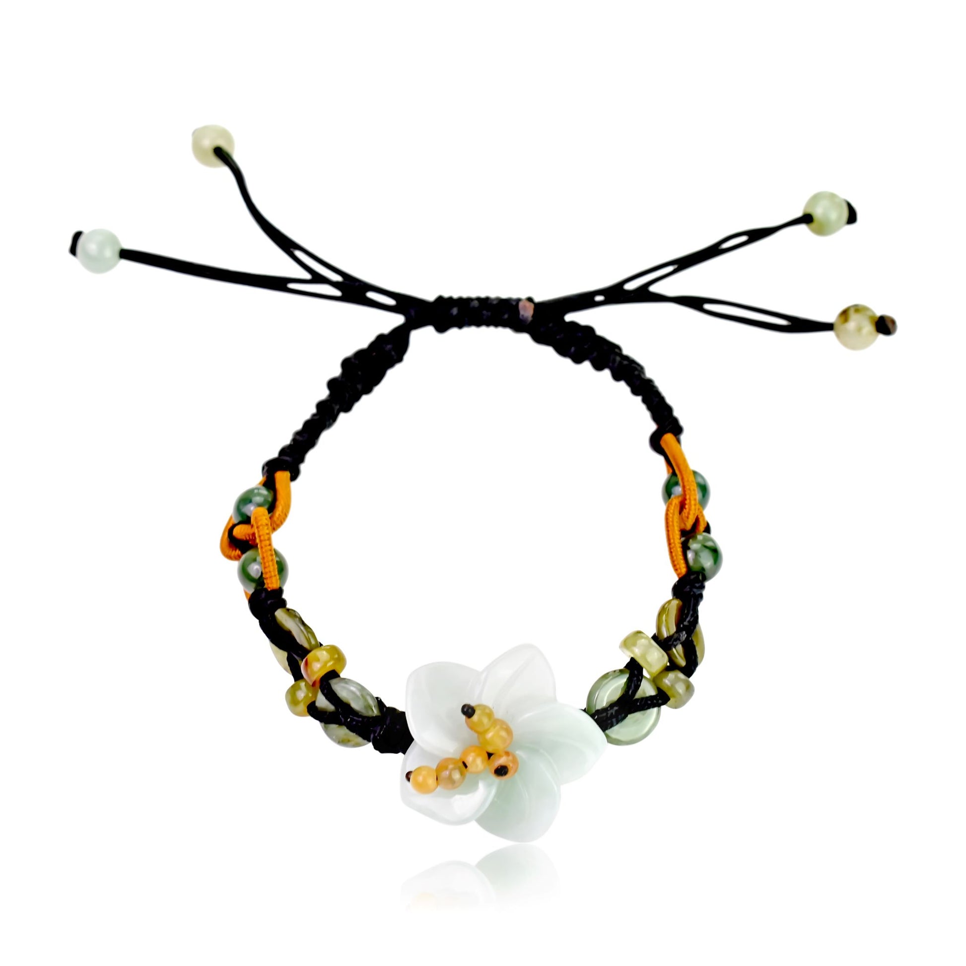 Add a Touch of Nature with this Charming Breath of Heaven Flower Jade Bracelet made with Black Cord