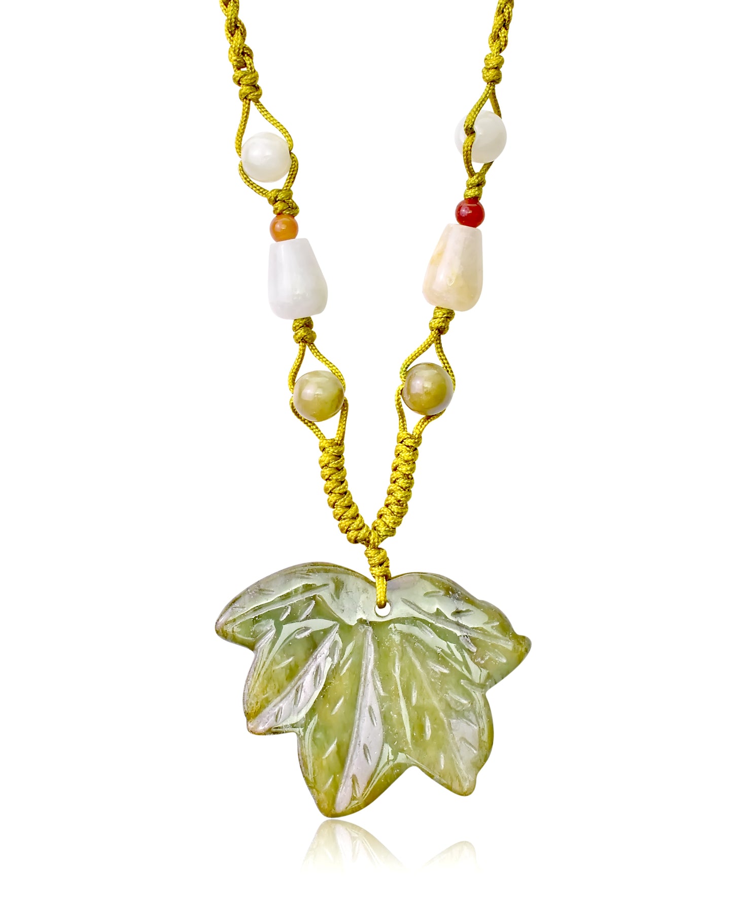 Earthy Maple Leaf Handmade Jade Necklace Pendant made with Lime Cord