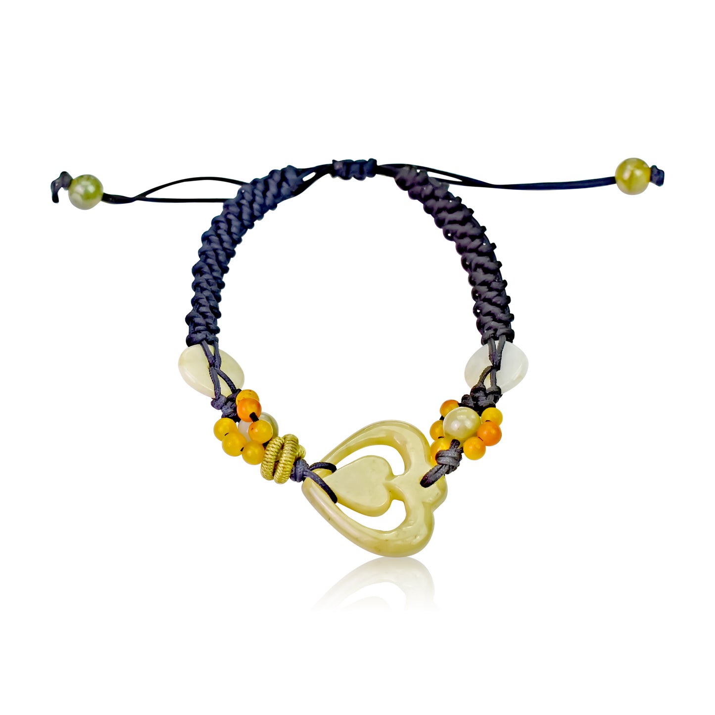 Get Ready for Love with the Heart Honey Jade Bracelet made with Black Cord