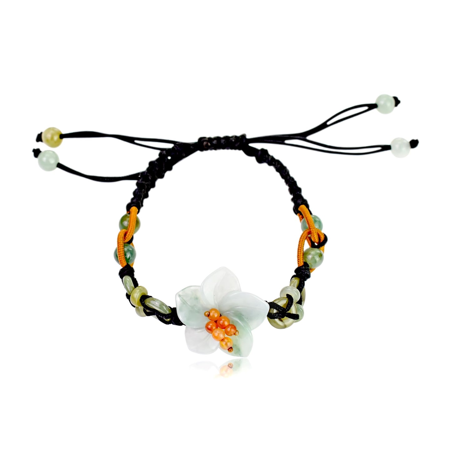 Add a Touch of Nature with this Charming Breath of Heaven Flower Jade Bracelet made with Black Cord