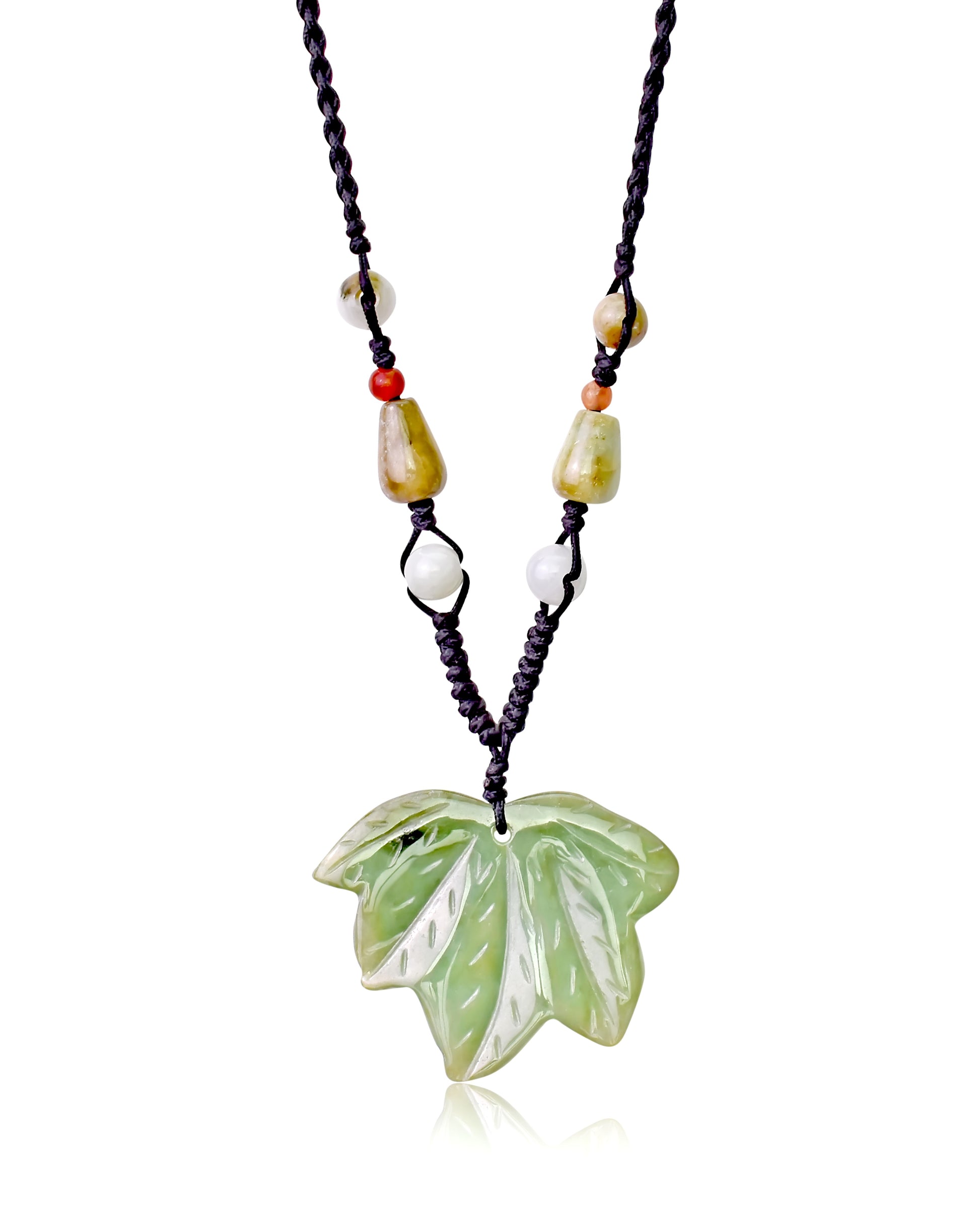 Earthy Maple Leaf Handmade Jade Necklace Pendant made with Black Cord