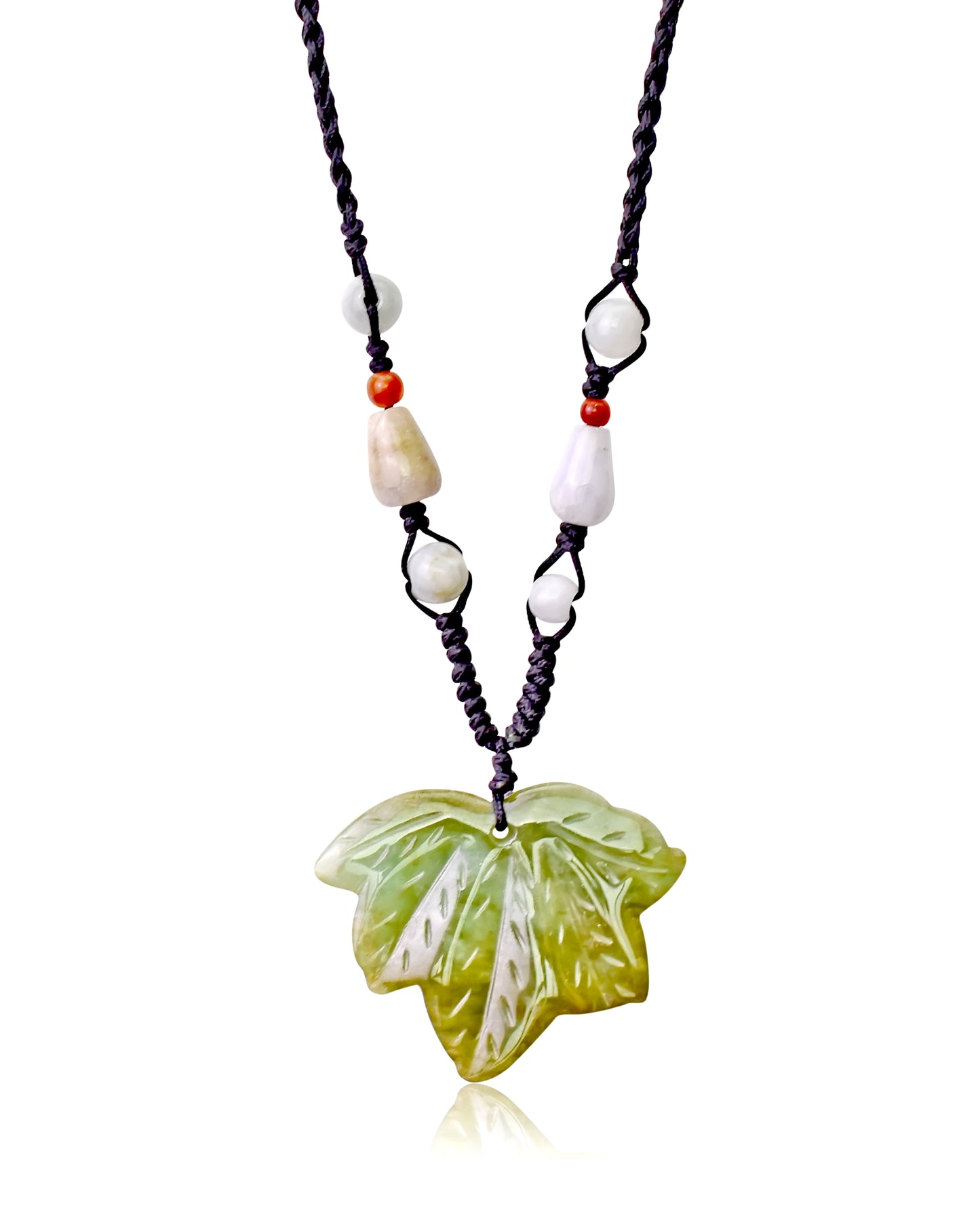 Earthy Maple Leaf Handmade Jade Necklace Pendant made with Black Cord