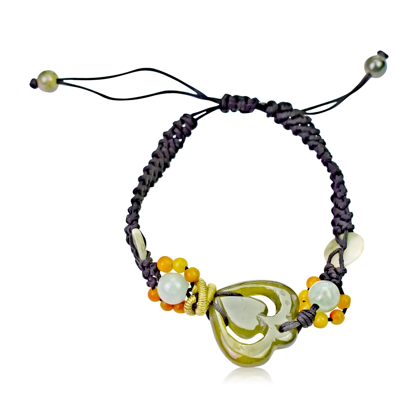 Get Ready for Love with the Heart Honey Jade Bracelet made with Black Cord