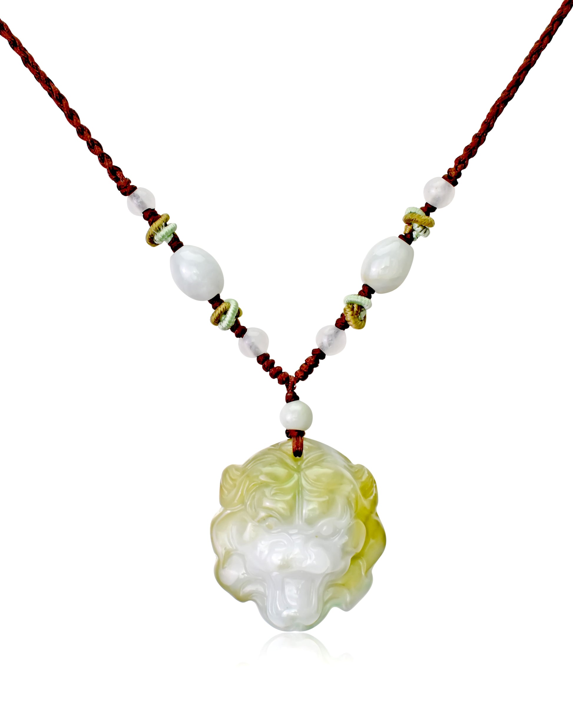 Make a Bold Statement with a Tiger Face Jade Necklace made with Brown Cord