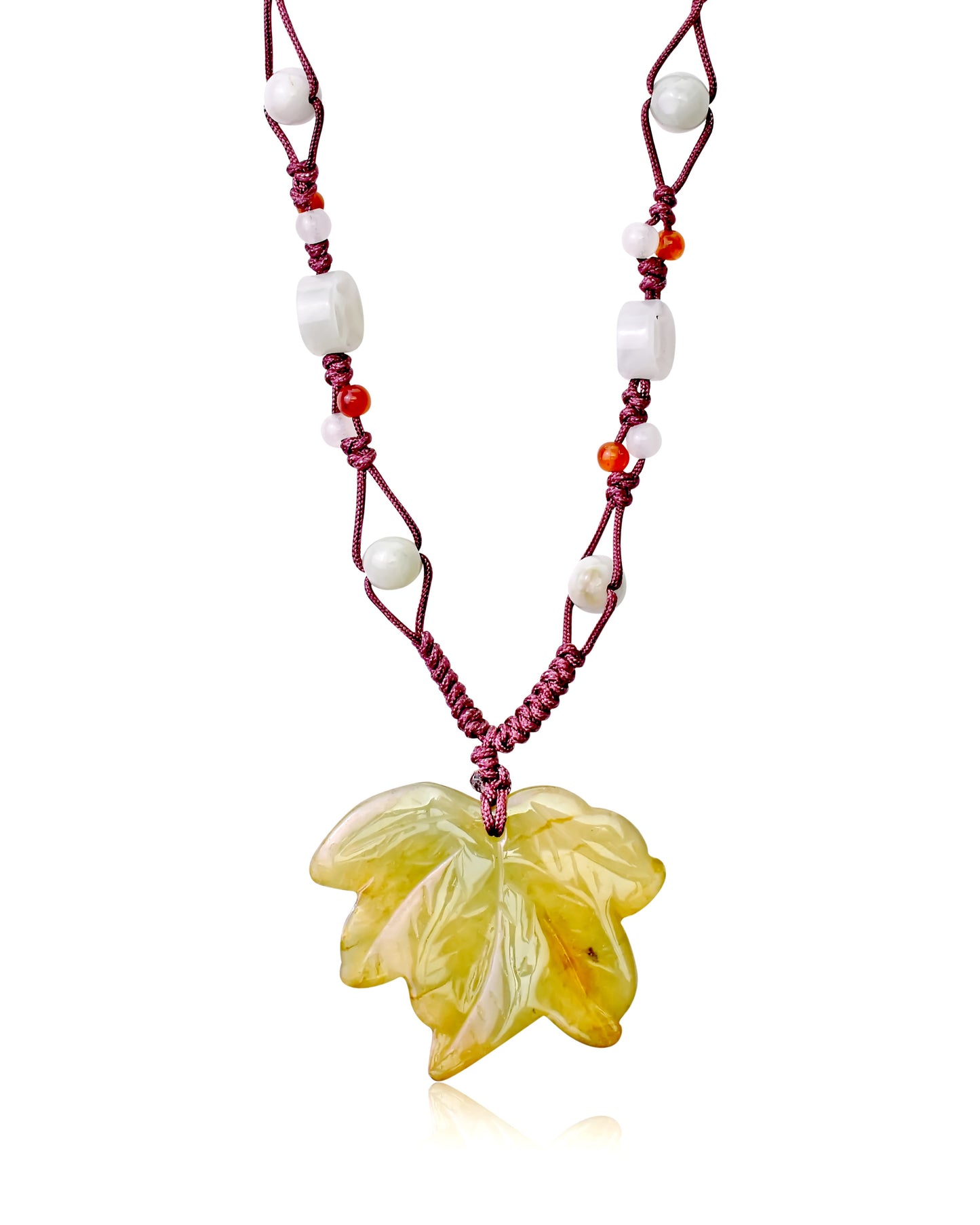 Earthy Maple Leaf Handmade Jade Necklace Pendant made with Brown Cord