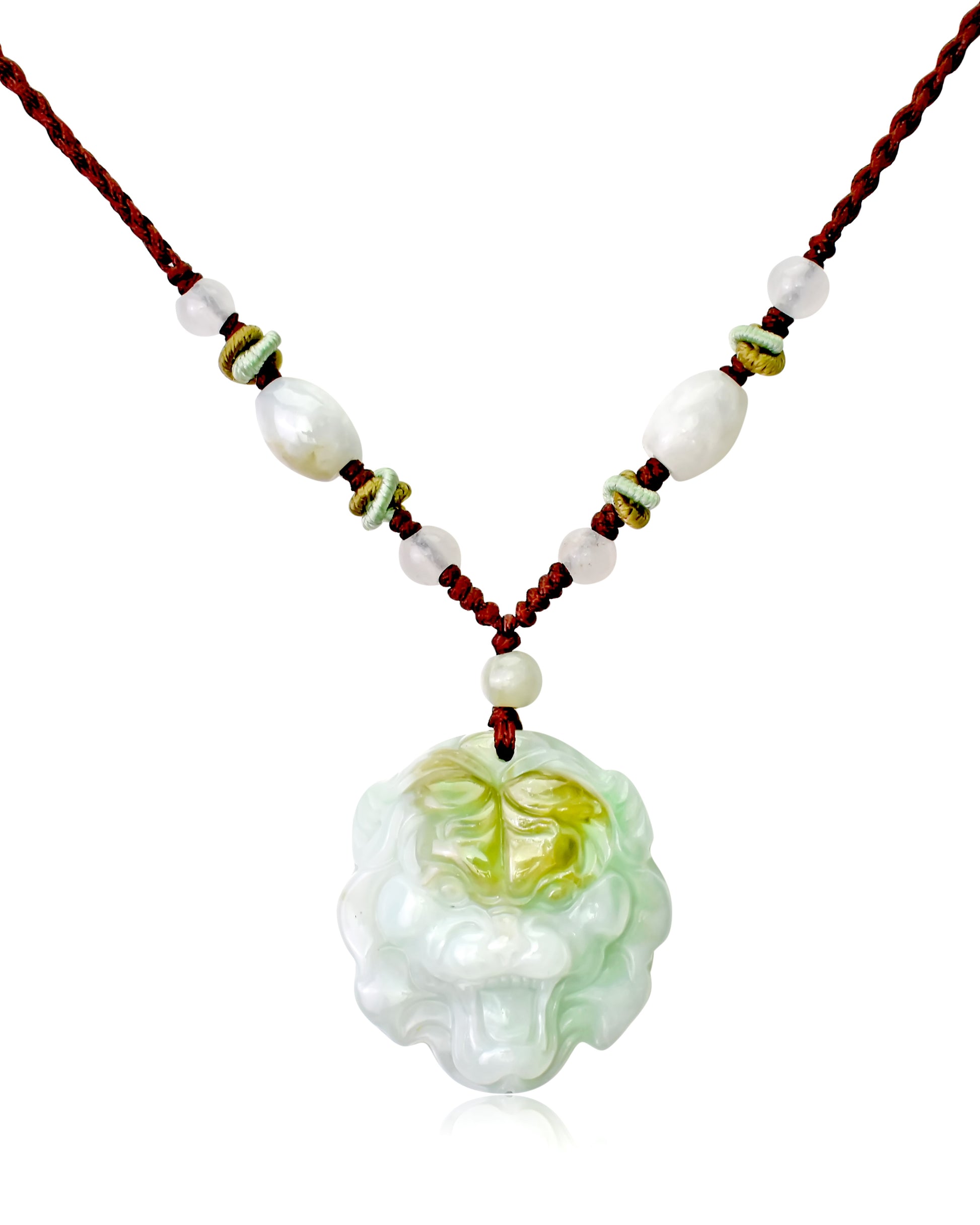 Make a Bold Statement with a Tiger Face Jade Necklace made with Brown Cord