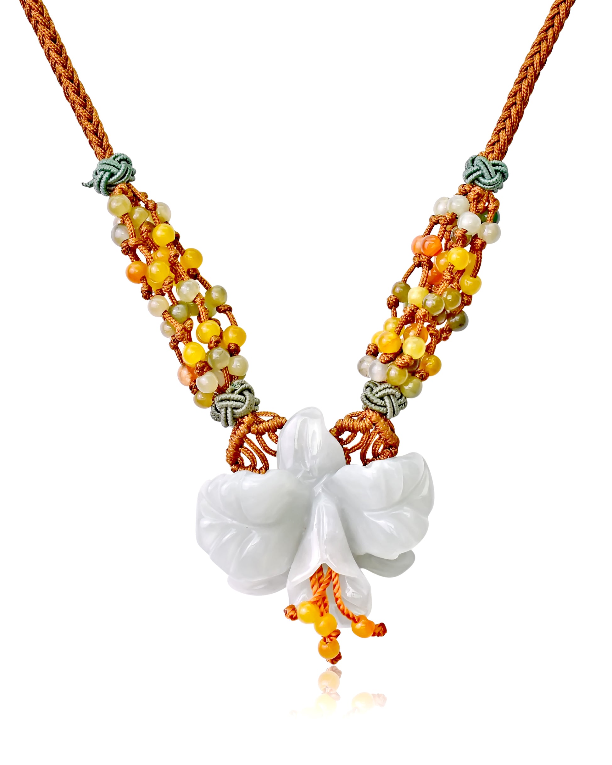 Add Elegance and Charm to Any Outfit with Iris Flower Necklace made with Tan Cord