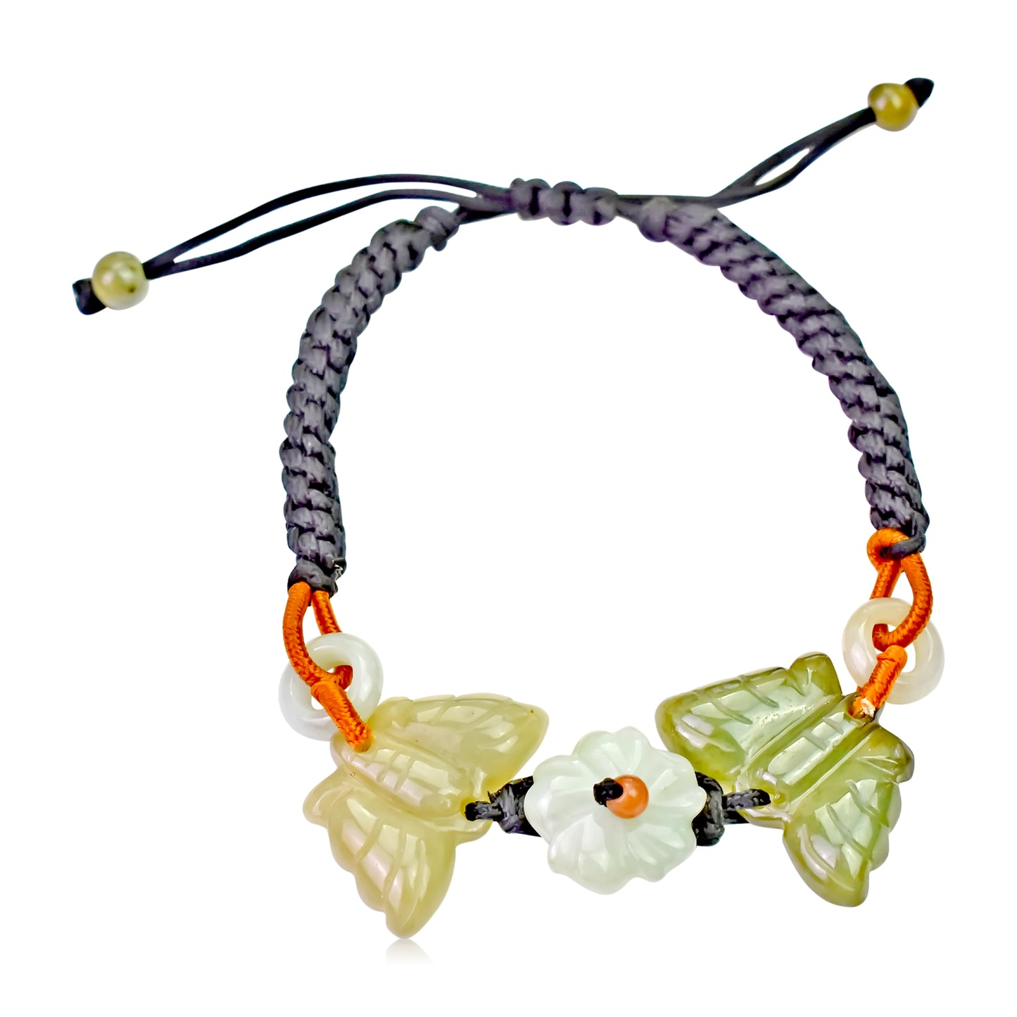 Two Joyful Butterflies Handmade Hand Braided Natural Jade Bracelet made with Black Cord