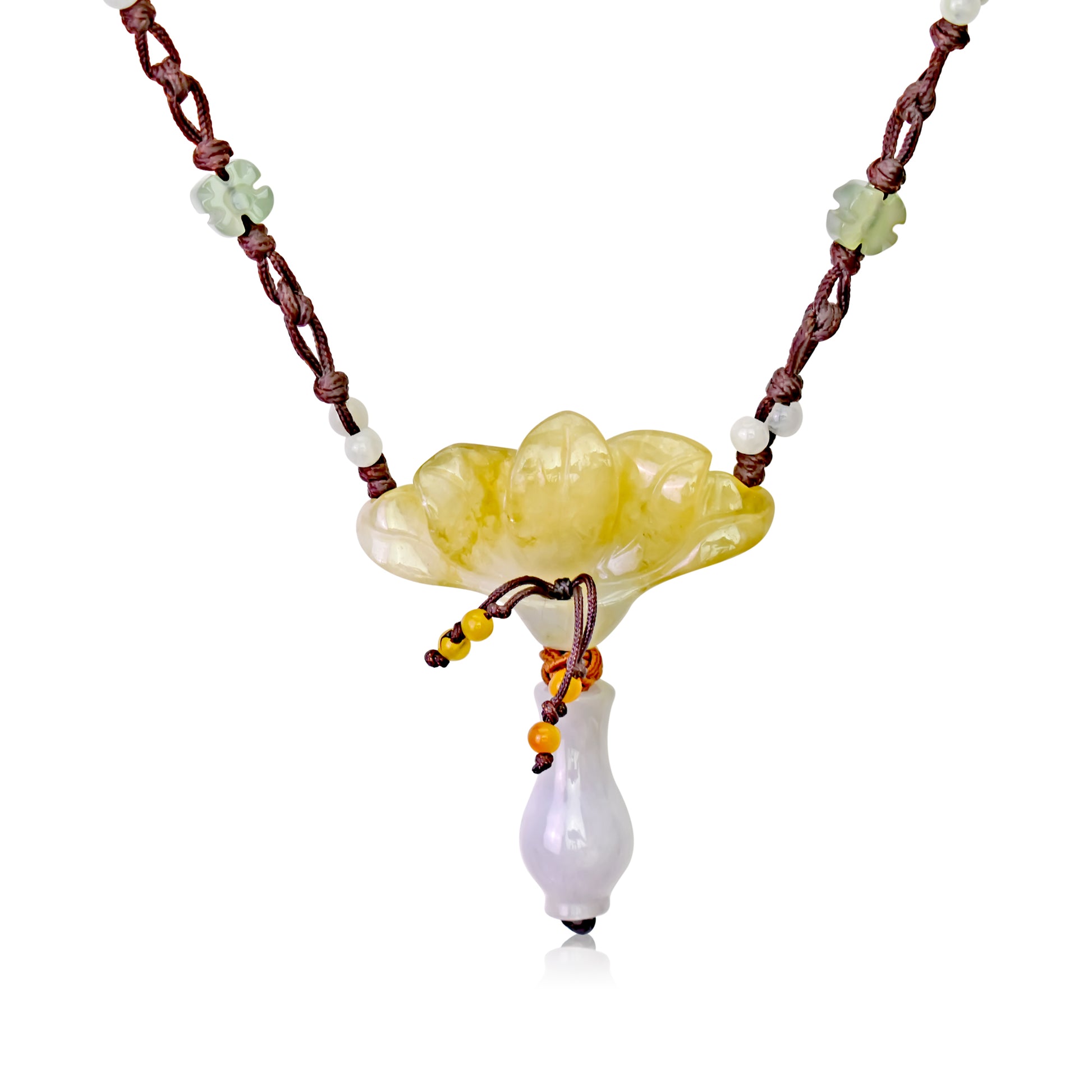 Make Your Wishes Come True with the Peacock Flower Jade Necklace made with Brown Cord