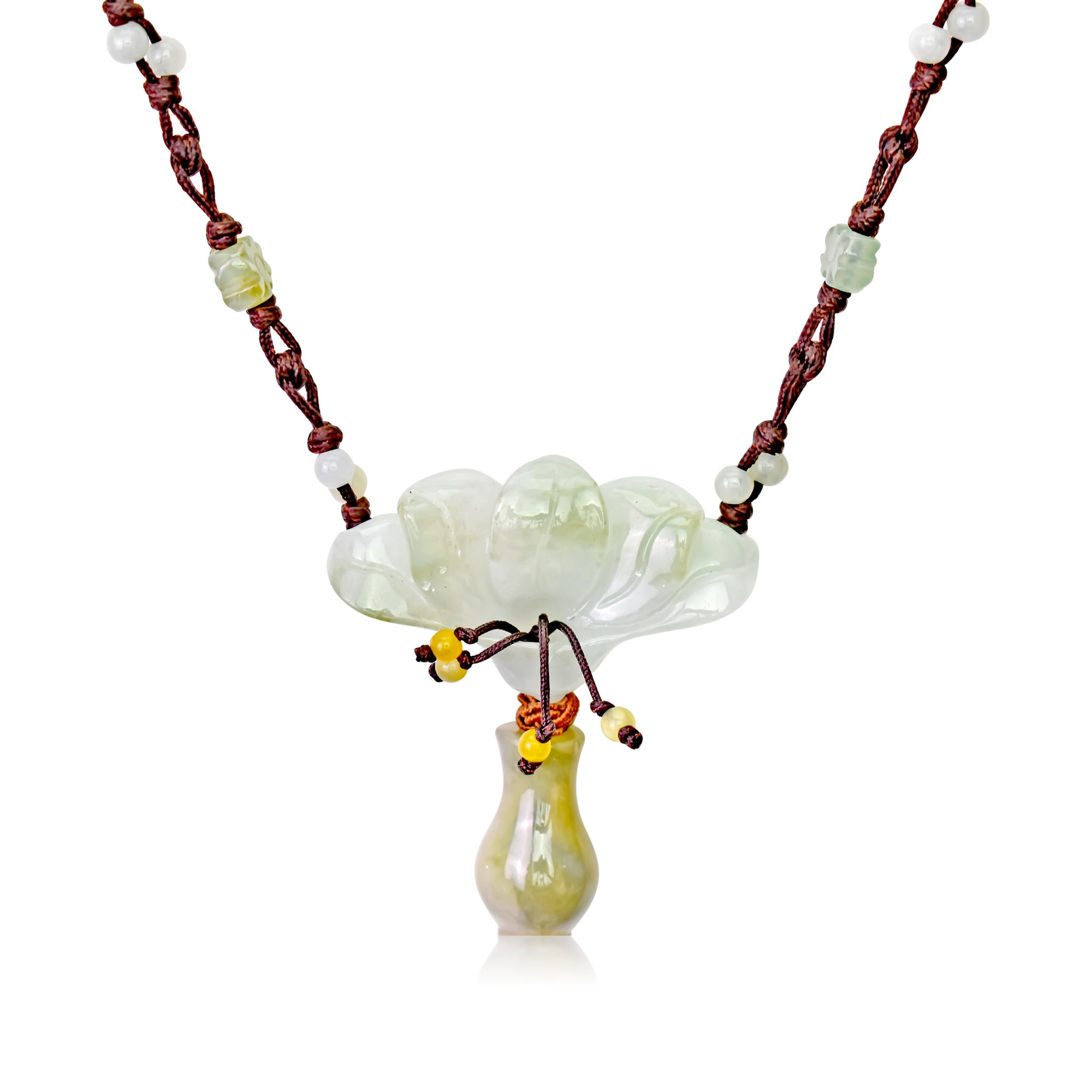 Achieve Beauty and Integrity with Peacock Flower Jade Necklace made with Brown Cord