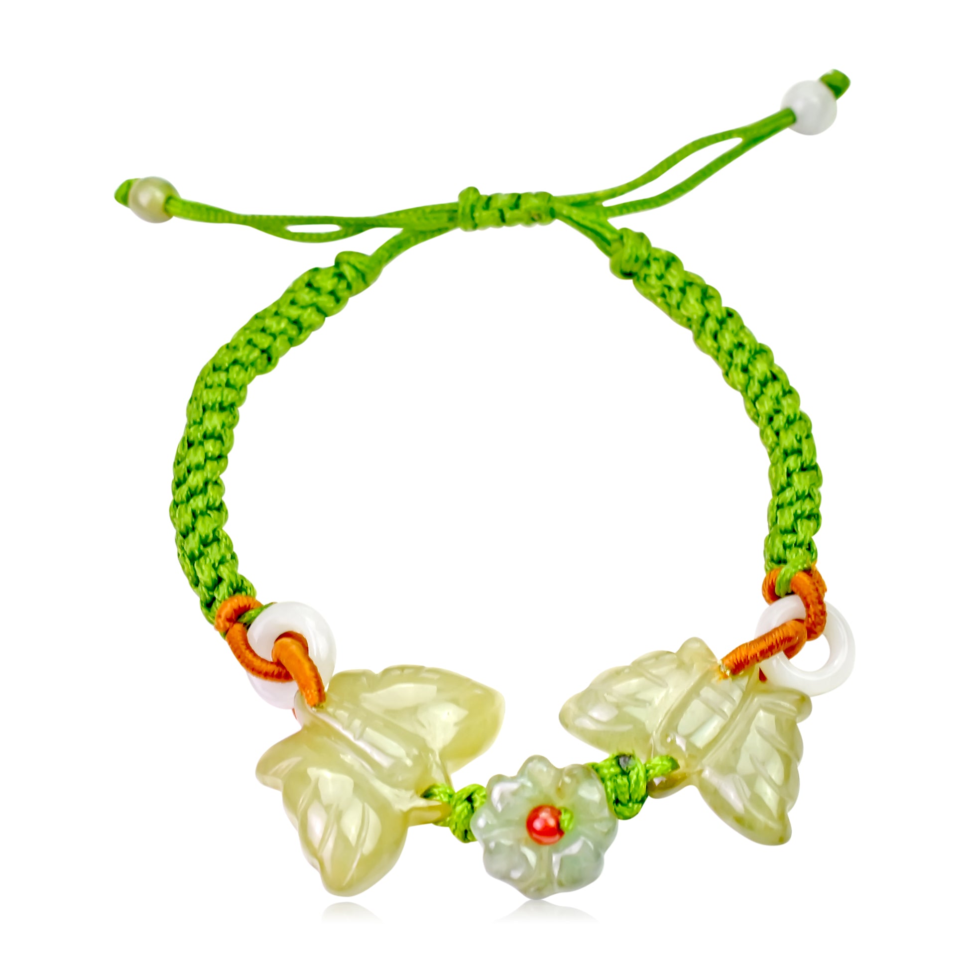 Two Joyful Butterflies Handmade Hand Braided Natural Jade Bracelet made with Lime Cord