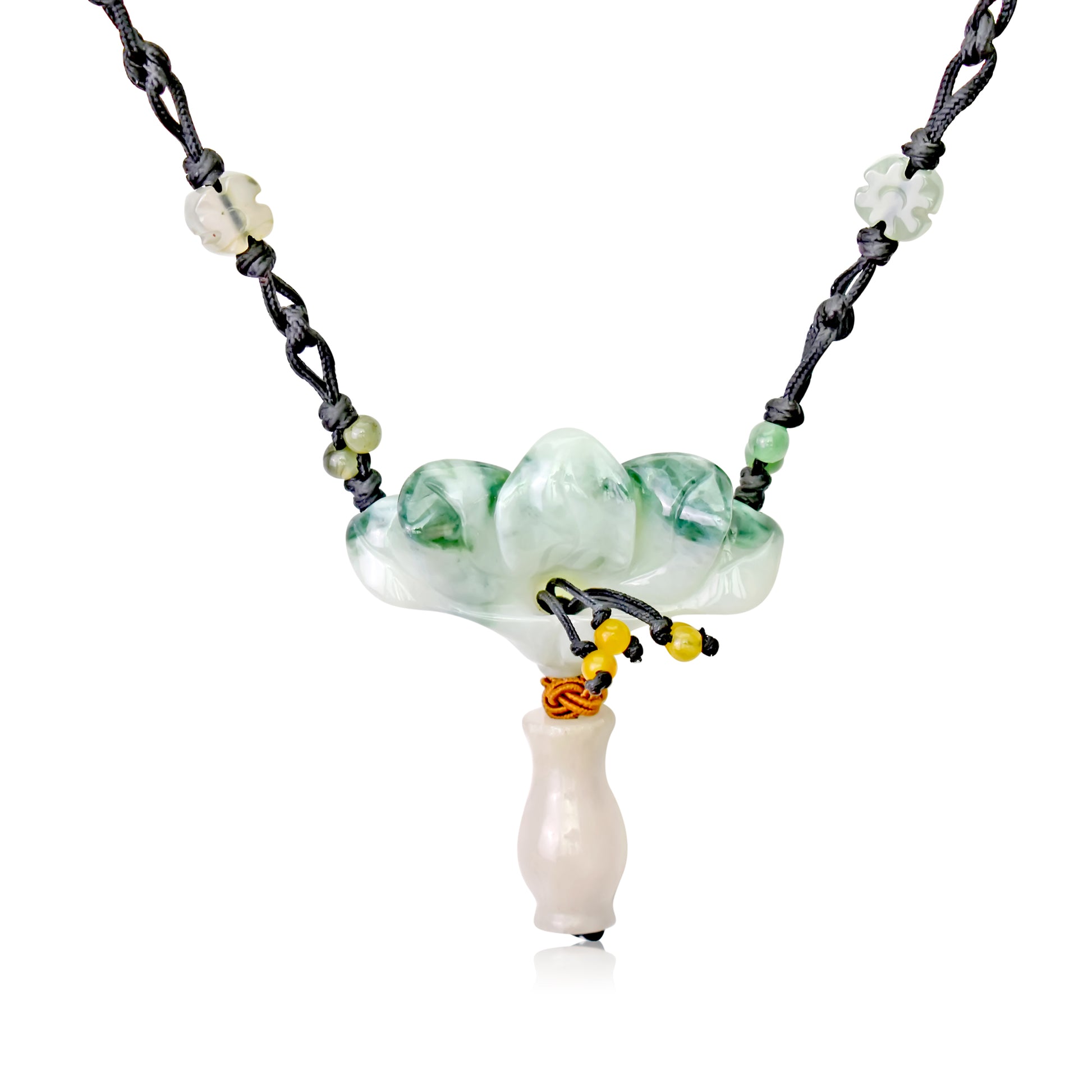 Achieve Beauty and Integrity with Peacock Flower Jade Necklace made with Black Cord