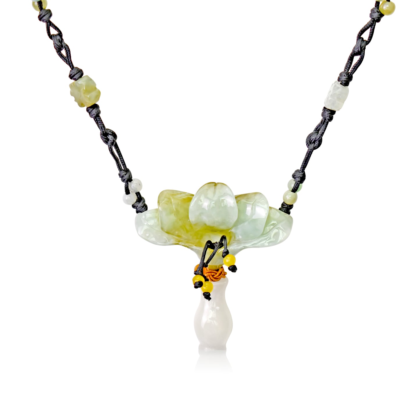 Make Your Wishes Come True with the Peacock Flower Jade Necklace made with Black Cord