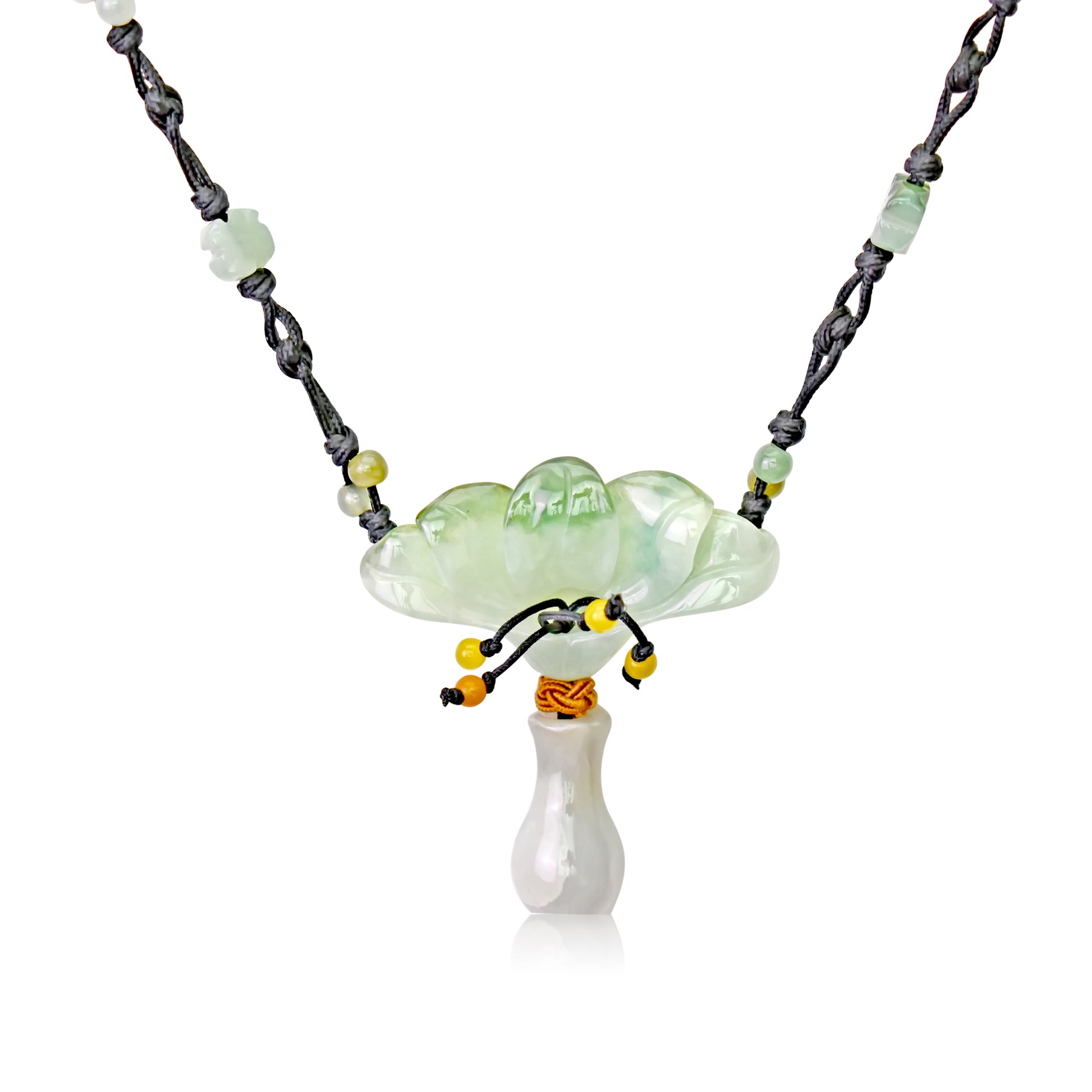 Achieve Beauty and Integrity with Peacock Flower Jade Necklace made with Black Cord