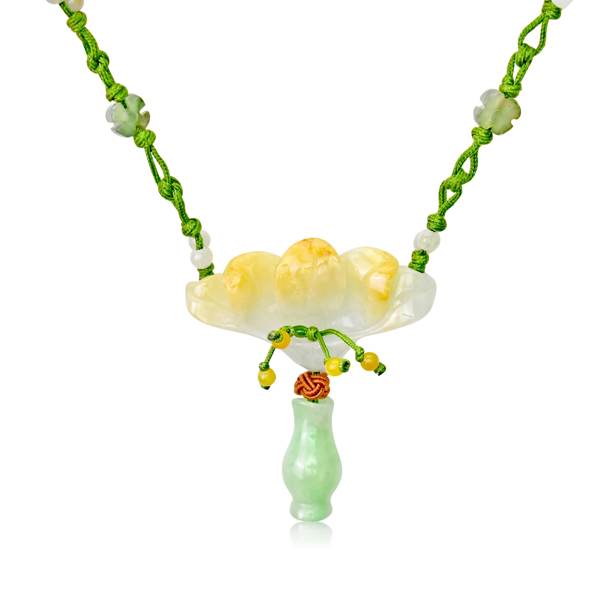 Make Your Wishes Come True with the Peacock Flower Jade Necklace made with Lime Cord