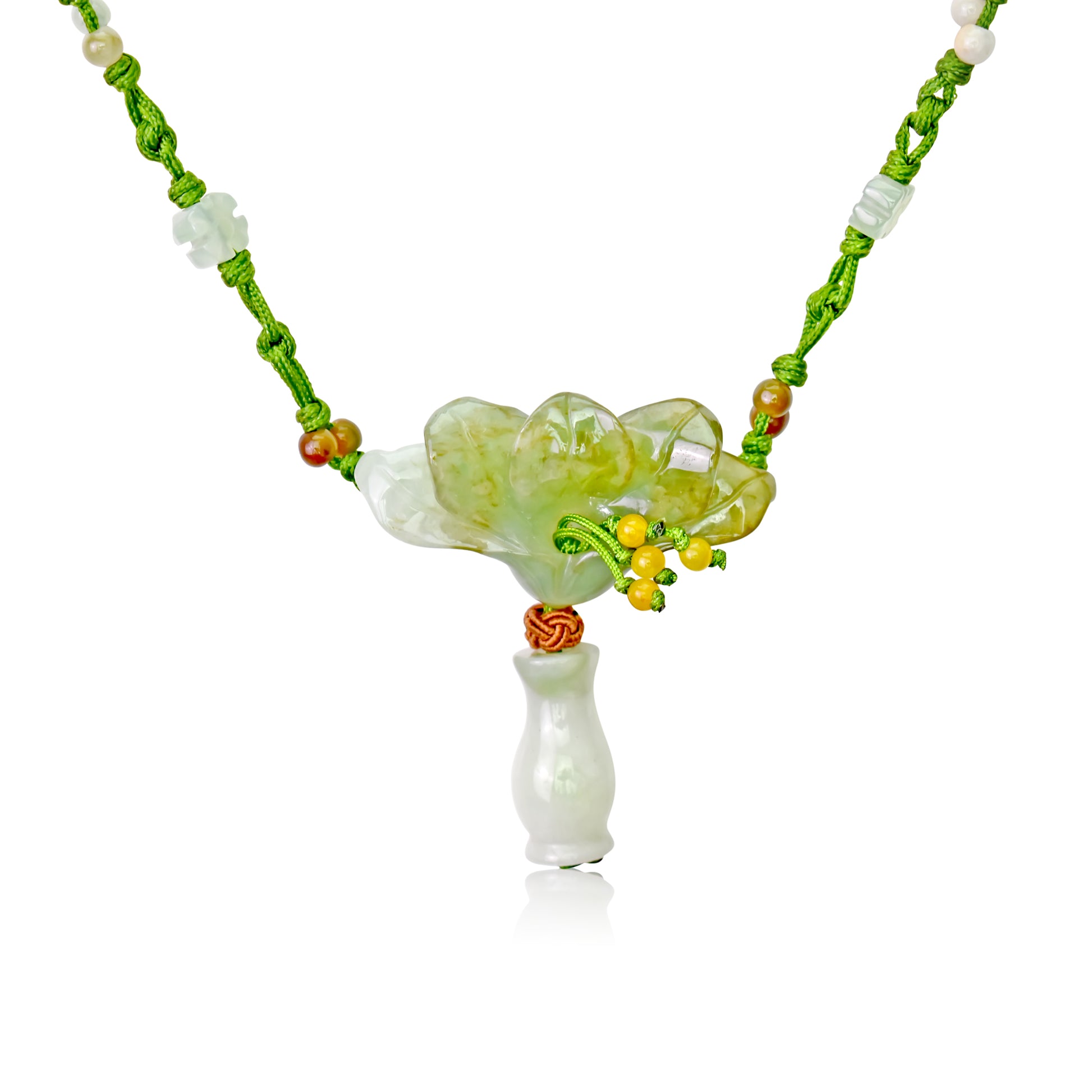 Achieve Beauty and Integrity with Peacock Flower Jade Necklace with Lime Cord