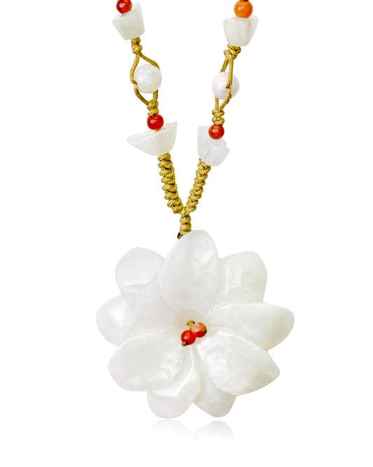 Be Kind and Stylish with Dahlia Flower Handmade Jade Necklace made with Beige Cord