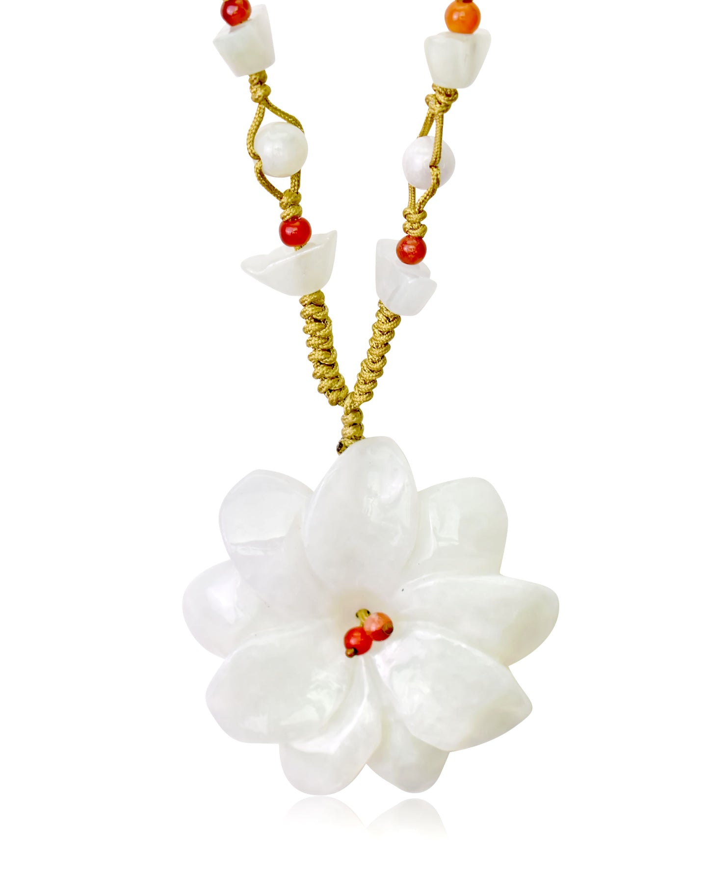 Be Kind and Stylish with Dahlia Flower Handmade Jade Necklace made with Beige Cord