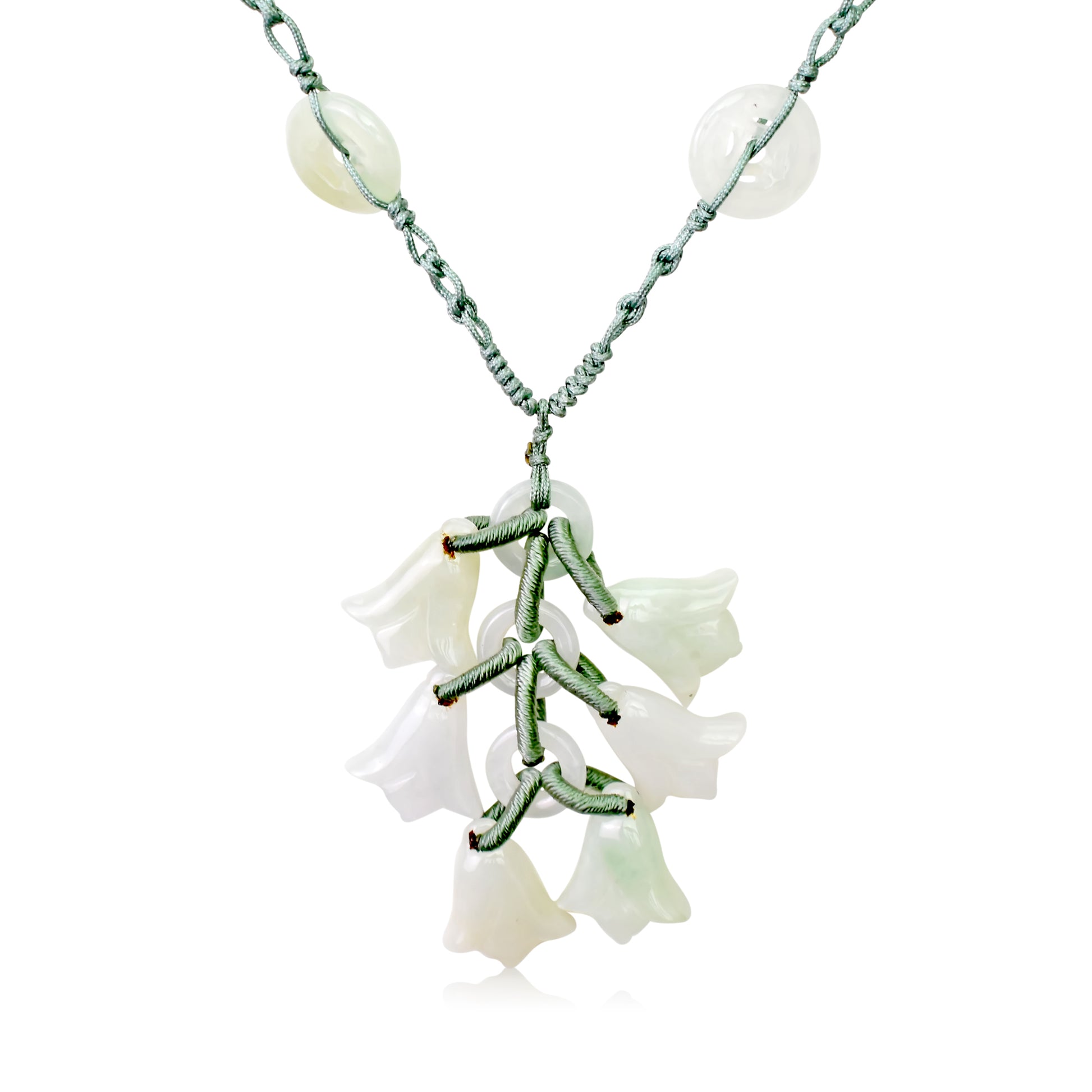 Beautiful and Dainty Bellflower Dangles Handmade Jade Necklace Pendant with Sea Green Cord