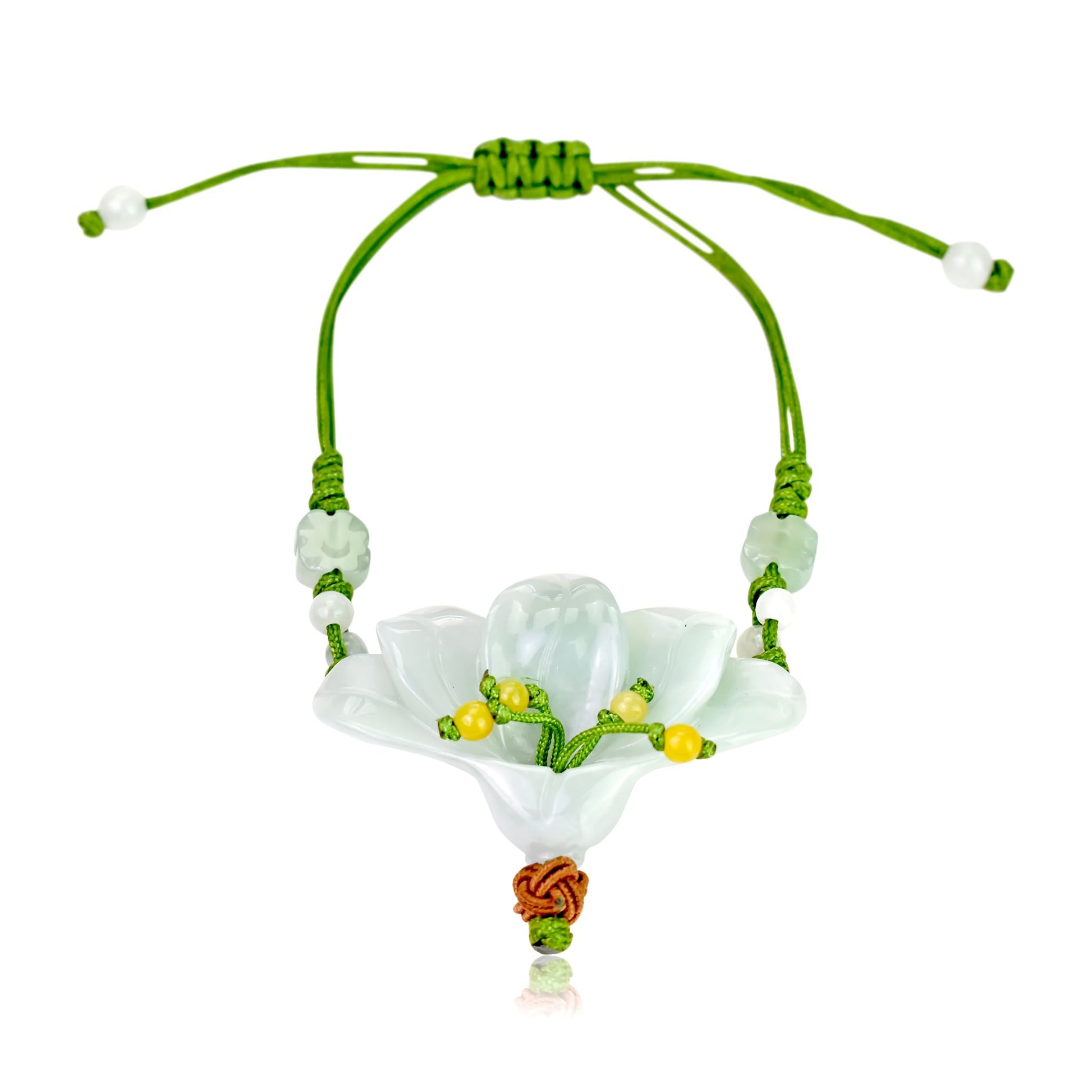 Showcase Your Unique Style with the Peacock Flower Jade Bracelet with Lime Cord