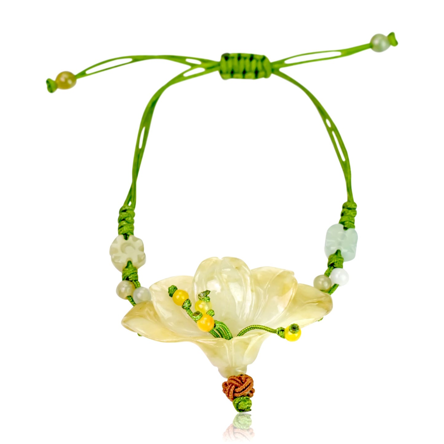 Showcase Your Unique Style with the Peacock Flower Jade Bracelet with Lime Cord