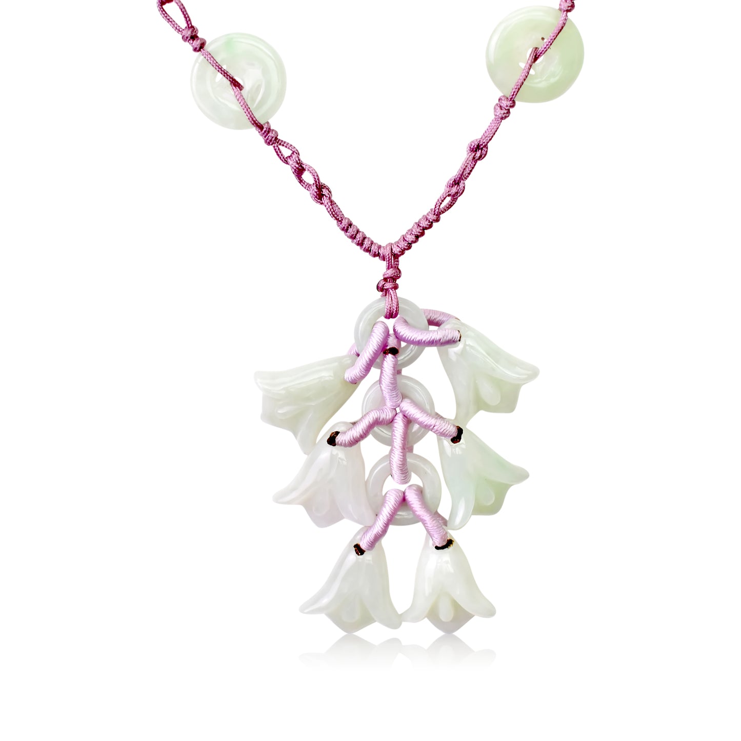 Beautiful and Dainty Bellflower Dangles Handmade Jade Necklace Pendant with Lavender Cord