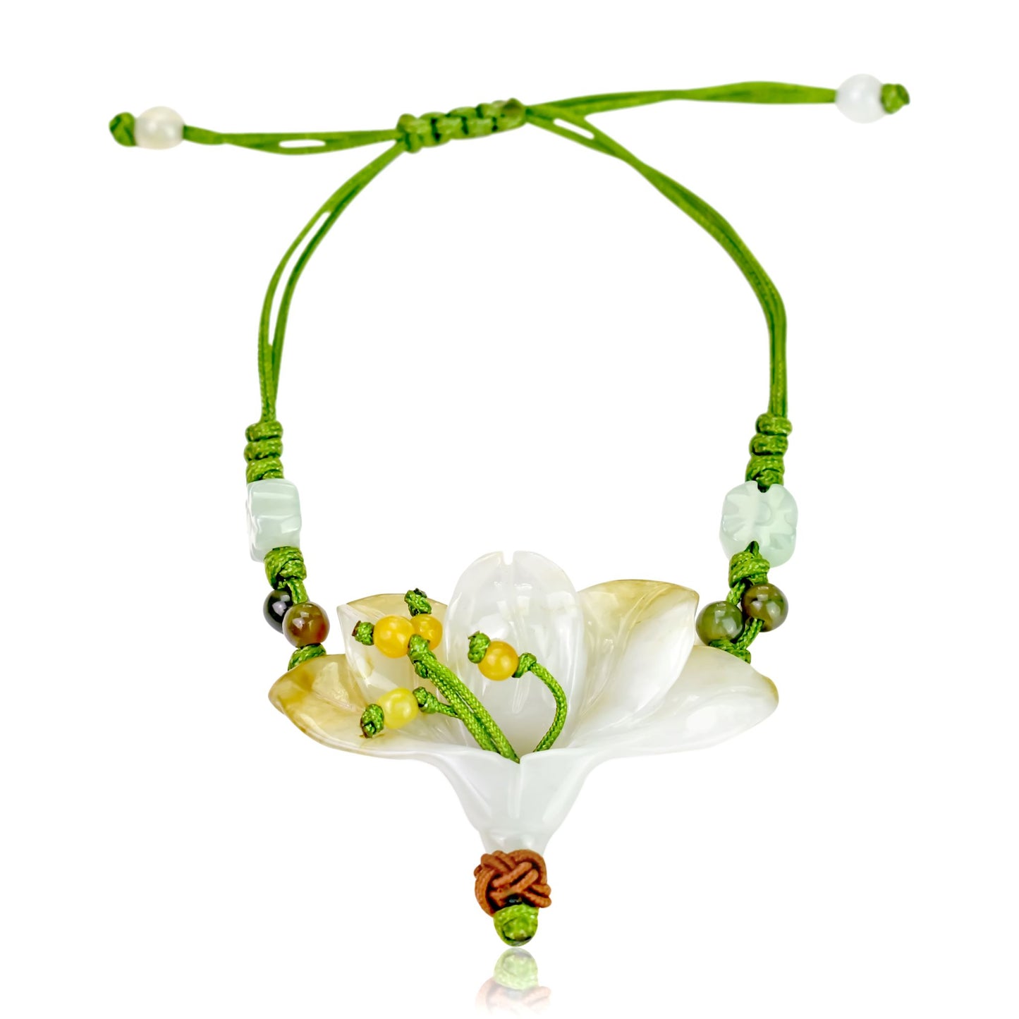 Showcase Your Unique Style with the Peacock Flower Jade Bracelet with Lime Cord