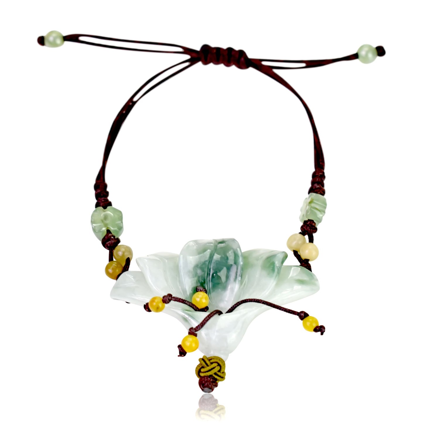 Showcase Your Unique Style with the Peacock Flower Jade Bracelet with Brown Cord