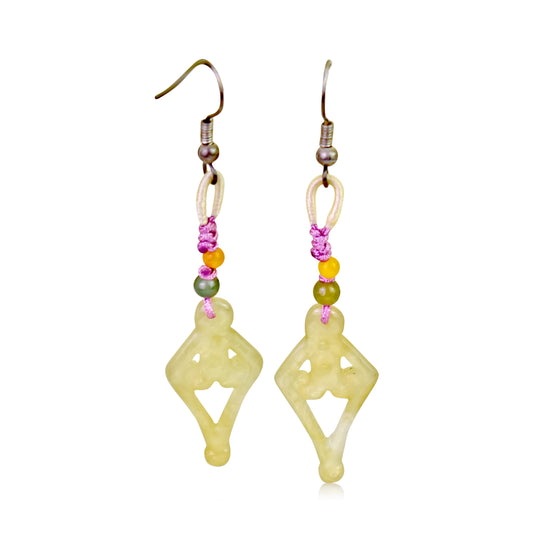 Transform Your Style with Diamond Lace Carving Jade Earrings made with Lavender Cord