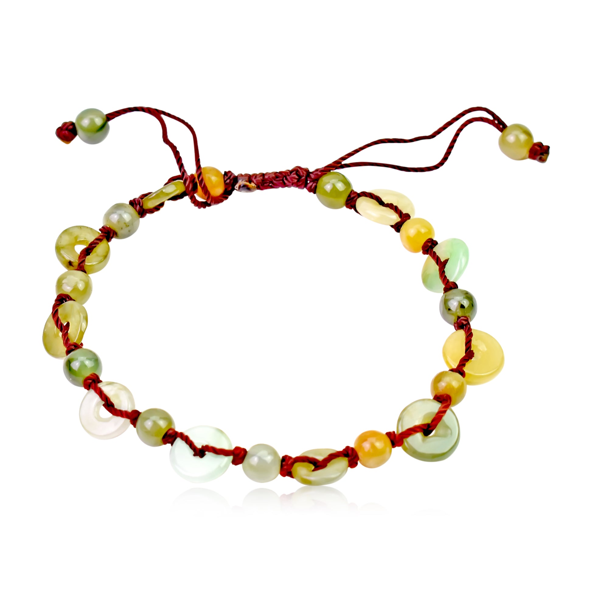 Add Some Vibrant Energy to Your Life with PI Disc Jade Adjustable Charm Bracelet made with Brown Cord