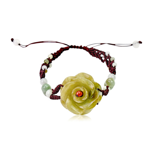 Sophisticated Rose Bloom Handcrafted Jade Bracelet with Brown Cord