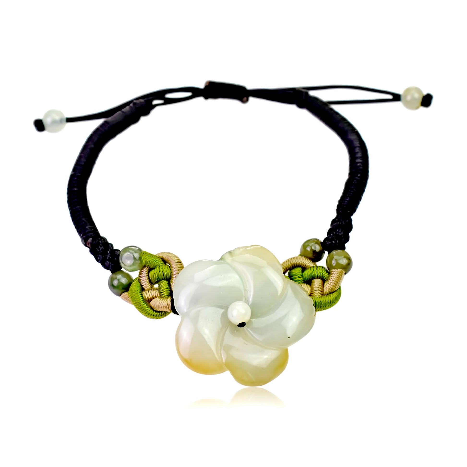A Timeless Accessory for Any Occasion: Clematis Flower Jade Bracelet made with Black Cord